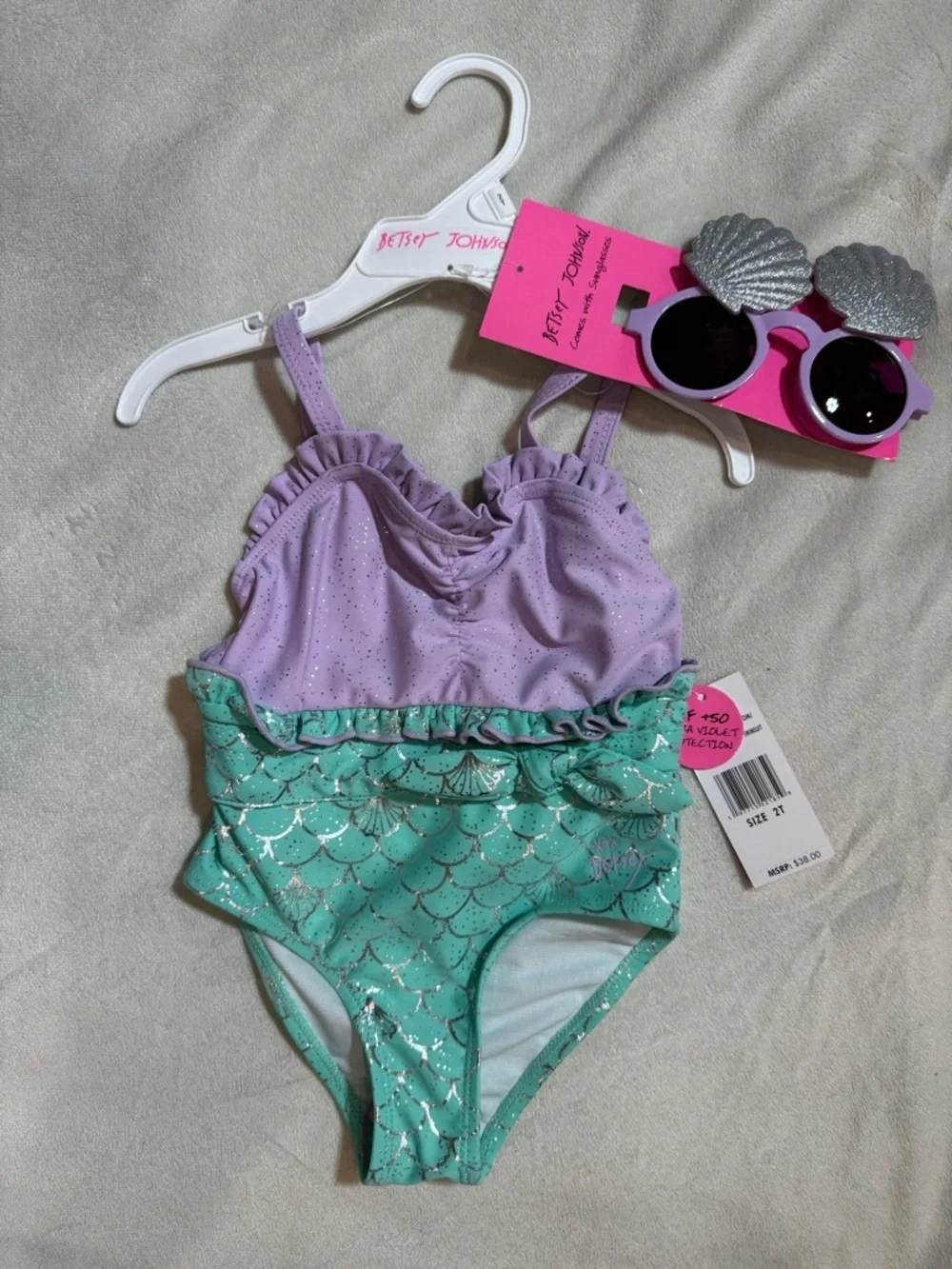 NWT Betsey Johnson Girls Lavender and Aqua Mermaid Scale One-Piece Swimsuit